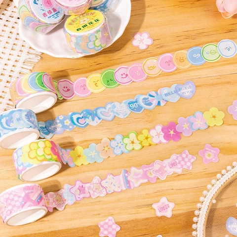 100 Pieces Die-Cut Washi Tape Stickers Flower Heart Emoji Pattern For DIY Scrapbooking Journal Decorative Stationery Supplies