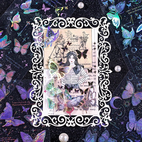 Adesivi Farfalla in PET Vintage Olografici Stampa a Caldo Cangianti Decalcomanie Decorative per Decorazione Scrapbooking Journaling Fai da Te