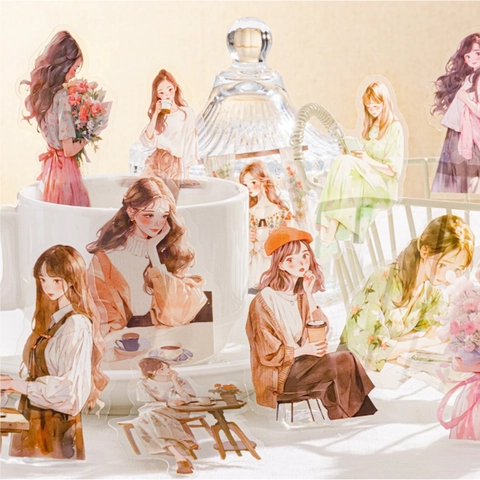 Confezione di Adesivi in PET Vintage Serie Vita Dolce Personaggio Ragazza Floreale Scrapbooking Adesivi Decorazione Diario