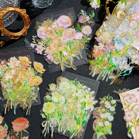 Vintage Floral PET Αυτοκόλλητα με Χρυσοτυπία Σειρά Λουλούδια και Πεταλούδες Για DIY Scrapbooking Διακοσμητικό Υλικό