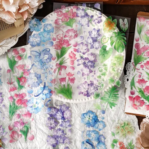Vintage PET Transparente Blumen Klebeband Journal Ästhetische Blumen Aufkleber Botanischer Garten Scrapbooking Material Dekoration Für Kunst Handwerk