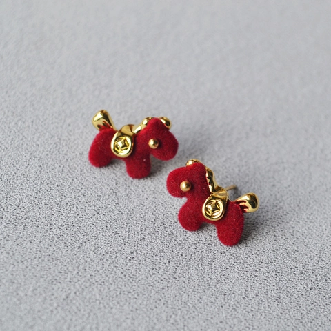 Red Flocking Dog Stud Earrings With 925 Sterling Silver Post Chinese Style Gold Coin Pattern Animal Jewelry For Women