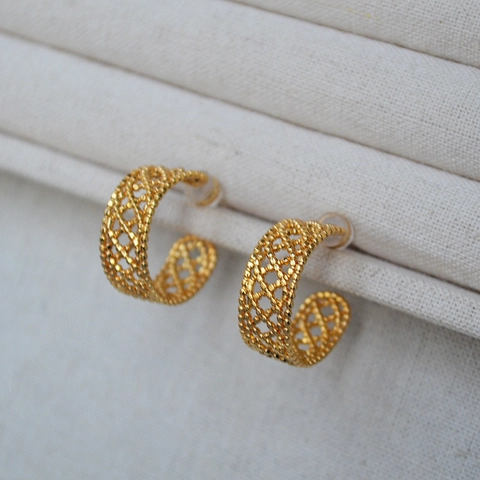 Orecchini a Bottone a Forma di C in Ottone Placcato Oro Vintage Francese Con Perno in Argento Sterling 925 da Donna