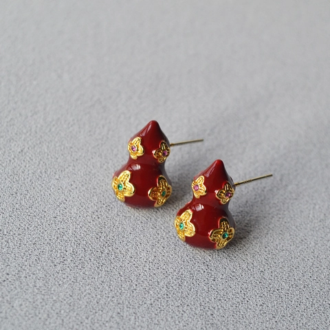 Wulu Kalebasse Ohrstecker Rote Emaille Vergoldetes Kupfer Mit 925 Sterlingsilber Ohrstecker-Stift Zirkonia Damen Schmuck