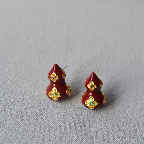 Wulu Kalebasse Ohrstecker Rote Emaille Vergoldetes Kupfer Mit 925 Sterlingsilber Ohrstecker-Stift Zirkonia Damen Schmuck