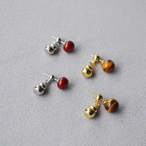 New Chinese Style Gourd Tiger Eye Stone Stud Earrings With 925 Sterling Silver Earring Post Detachable Elegant Jewelry Women