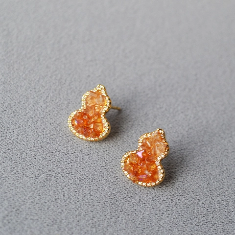 Neue Chinesische Kürbis Ohrstecker Orange Glaskristall Strass Eingelegt Kupfer Gold Plattiert 925 Sterling Silber Ohrstecker Stift Schmuck