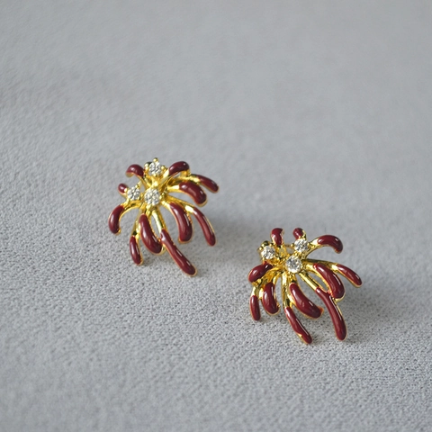 Boucles d'Oreilles Clous Fleur Feu d'Artifice en Émail Rouge Vintage Avec Tige en Argent Sterling 925 Zirconia Or Cuivre Bijoux pour Femmes