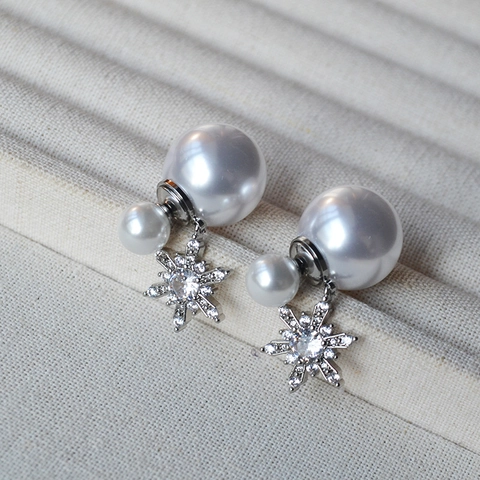 Mode Doppel Perle Schneeflocke Quaste Ohrstecker Für Damen 925 Sterling Silber Stift Kupfer Zirkonia Kunstparel Schmuck