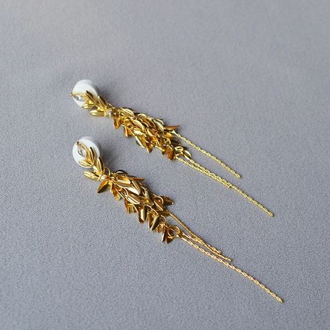 Lussuosi Orecchini a Bottone con Nappina a Foglia di Spiga di Grano Oro Con Perno in Argento Sterling 925 Orecchini Pendenti Strass Donna