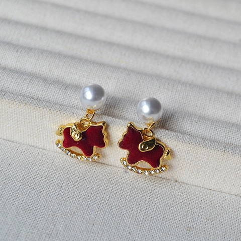 Neo-Chinese Red Flocking Rocking Horse Stud Earrings For Women With Artificial Pearl And 925 Sterling Silver Earring Post