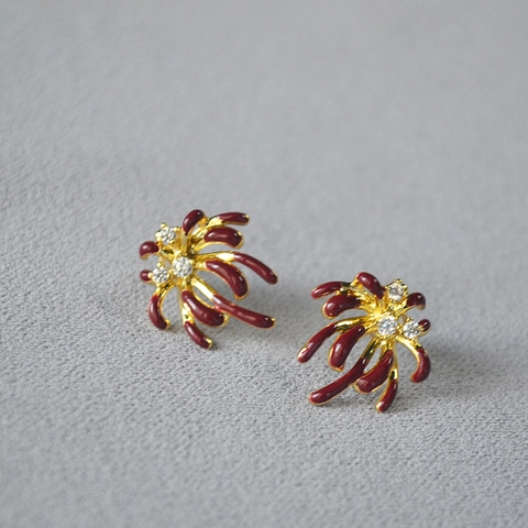 Boucles d'Oreilles Clous Fleur Feu d'Artifice en Émail Rouge Vintage Avec Tige en Argent Sterling 925 Zirconia Or Cuivre Bijoux pour Femmes