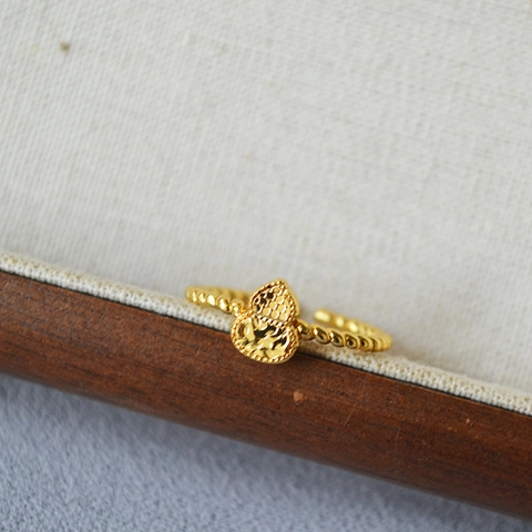 Bague Ouverte Réglable en Laiton Plaqué Or Forme de Calebasse Nouveau Style Chinois Femme Bijoux Vintage Texture Corde
