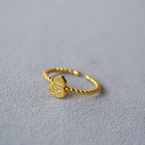 Bague Ouverte Réglable en Laiton Plaqué Or Forme de Calebasse Nouveau Style Chinois Femme Bijoux Vintage Texture Corde