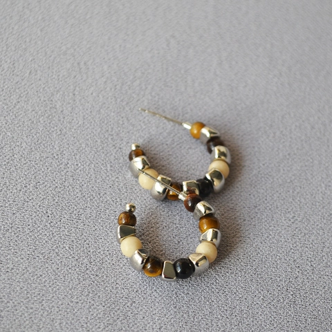 Vintage C-Shape Beaded Hoop Stud Earrings With 925 Sterling Silver Post Tiger Eye Stone Copper Jewelry For Women
