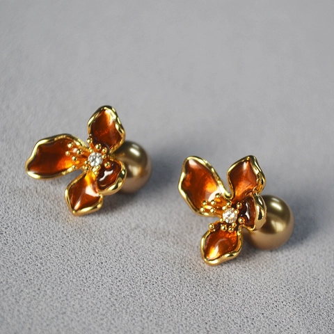 Orecchini a Bottone Vintage a Forma di Fiore Con Perno in Argento Sterling 925 Placcato Oro Smalto Perla Artificiale Strass