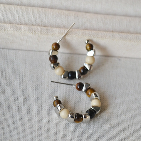Vintage C-Shape Beaded Hoop Stud Earrings With 925 Sterling Silver Post Tiger Eye Stone Copper Jewelry For Women