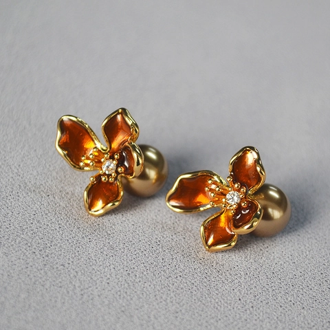 Orecchini a Bottone Vintage a Forma di Fiore Con Perno in Argento Sterling 925 Placcato Oro Smalto Perla Artificiale Strass