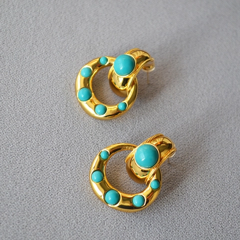 Orecchini a Bottone Intarsiati in Turchese Placcato Oro in Ottone Vintage per Donna Cerchio Rotondo Geometrico Esagerato 925 Argento