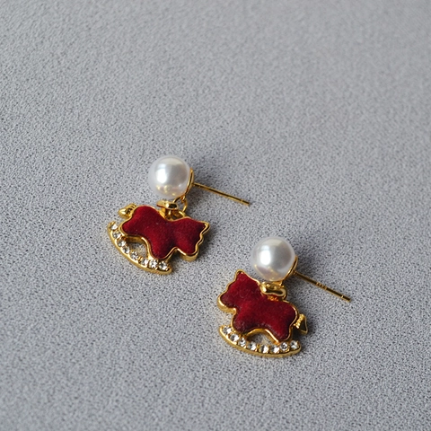 Neo-Chinese Red Flocking Rocking Horse Stud Earrings For Women With Artificial Pearl And 925 Sterling Silver Earring Post