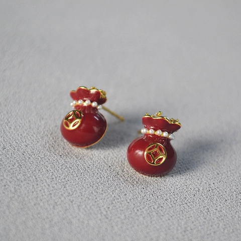 Red Enamel Fortune Bag Stud Earrings With 925 Sterling Silver Earring Post Gold Plated Brass Artificial Pearl Lucky Chinese Style