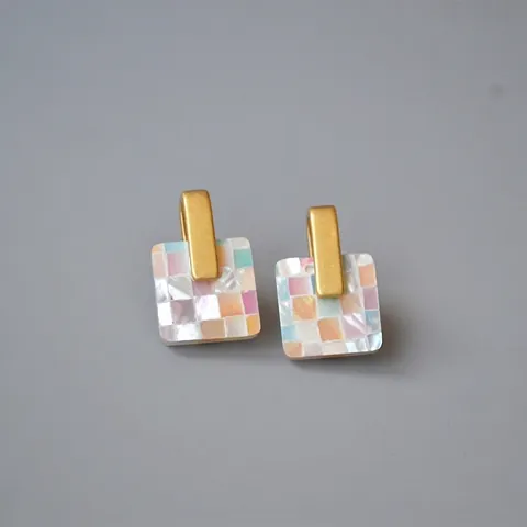 Vintage Colorful Mother Of Pearl Shell Mosaic Stud Earrings With 925 Sterling Silver Post Geometric Handmade Splicing Earrings
