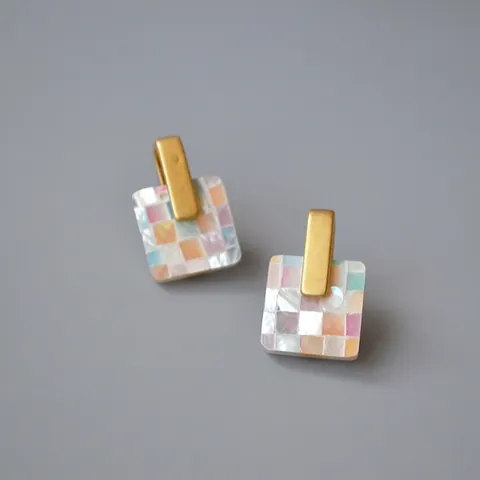 Vintage Colorful Mother Of Pearl Shell Mosaic Stud Earrings With 925 Sterling Silver Post Geometric Handmade Splicing Earrings