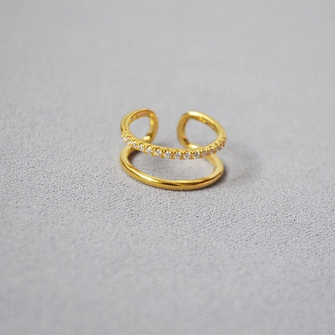Eleganter Vergoldeter Kupfer Offener Ring Für Damen Minimalistisch Zirkonia Doppelschicht Einstellbarer Geometrischer Fingerring Schmuck