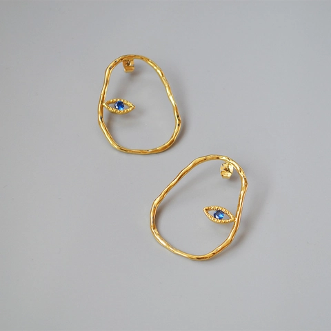 Evil Eye Stud Earrings Irregular Abstract Line Copper Gold Plated With 925 Sterling Silver Earring Post Blue Zircon Aesthetic