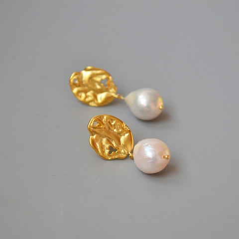 Vintage Baroque Freshwater Pearl Drop Earrings Copper Golden Leaf Design With 925 Sterling Silver Earring Post For Women