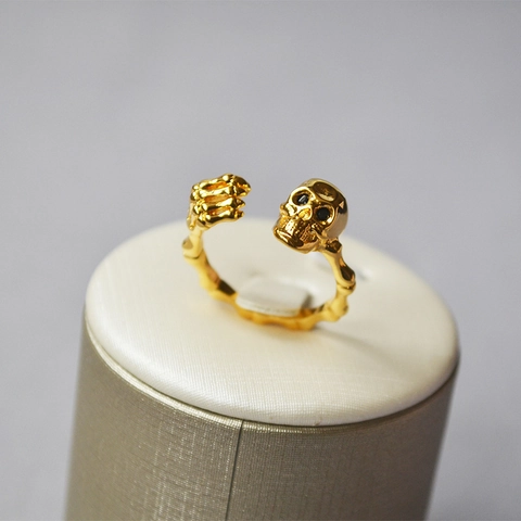 Punk Gothic Totenkopf Skelett Hand Verstellbar Offener Ring 18K Vergoldet Poliert Messing Ring Schmuck Für Damen