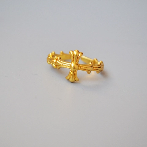 Vintage Copper Gothic Floral Cross Open Ring For Women Adjustable Gold Plated Retro Religious Style Engraved Finger Jewelry