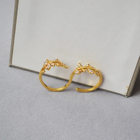 Kreative Vergoldete Kupfer Blatt Offener Ring Für Damen Eingelegter Marquise Strass Olivenzweig Verstellbarer Modeschmuck