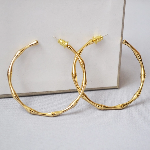 Vintage Minimalista Ottone Bambù Strutturato Grandi Orecchini a Cerchio Per Donna Con Perno in Argento Sterling 925 Gioielli Galvanici