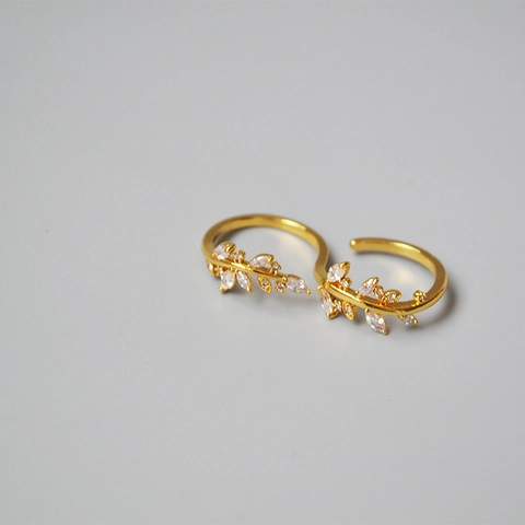 Kreative Vergoldete Kupfer Blatt Offener Ring Für Damen Eingelegter Marquise Strass Olivenzweig Verstellbarer Modeschmuck