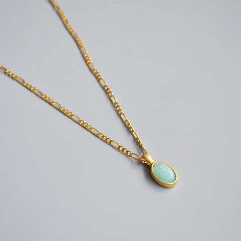 Vintage Kupfer Vergoldet Figarokette Halskette Mit Ovalem Hellblauem Naturstein-Anhänger Minimalistischer Schmuck Für Damen