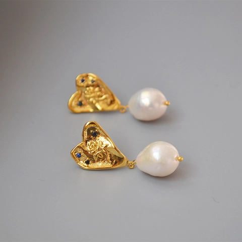 Französisches Vintage Kupfer Herz Ohrstecker Mit Blauer Zirkonia 925 Sterlingsilber Ohrstecker-Stift Süßwasser Barockperle Ohrringe Für Damen Schmuck