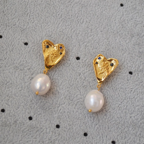 Französisches Vintage Kupfer Herz Ohrstecker Mit Blauer Zirkonia 925 Sterlingsilber Ohrstecker-Stift Süßwasser Barockperle Ohrringe Für Damen Schmuck