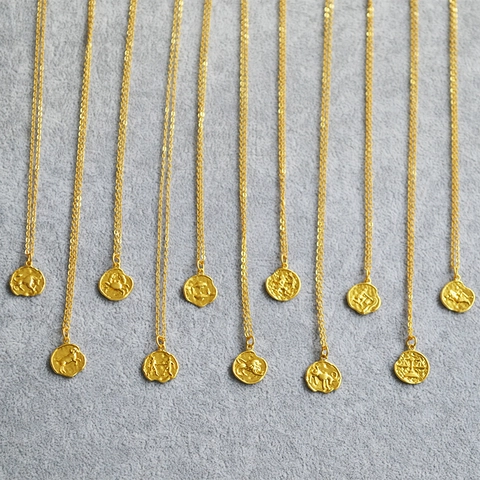 Vintage 12 Sternzeichen Münze Anhänger Halskette Für Damen Vergoldet Kupfer Relief Runde Medaillon Schmuck
