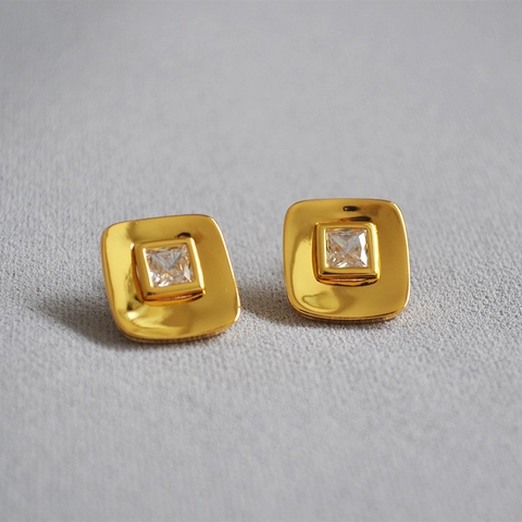 18K Vergoldete Messing Quadratische Zirkonia Ohrstecker Mit 925 Sterlingsilber Ohrstecker-Stift Minimalist Damen Schmuck