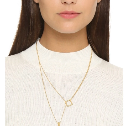 Collana Minimalista in Ottone a Doppio Strato da Donna Ciondolo Geometrico Quadrato e Cilindro Oro Gioielli per il Collo