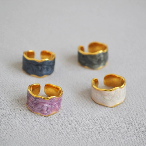 Anello Aperto in Smalto a Onde Irregolari in Stile Coreano per Donna Minimalista in Ottone Placcato Oro Trama Marmo Anello da Dito Regolabile Gioielli