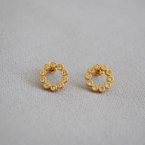 Brass 18K Gold Plated Zirconia Round Circle Stud Earrings With 925 Sterling Silver Post Simple Korean Jewelry For Women
