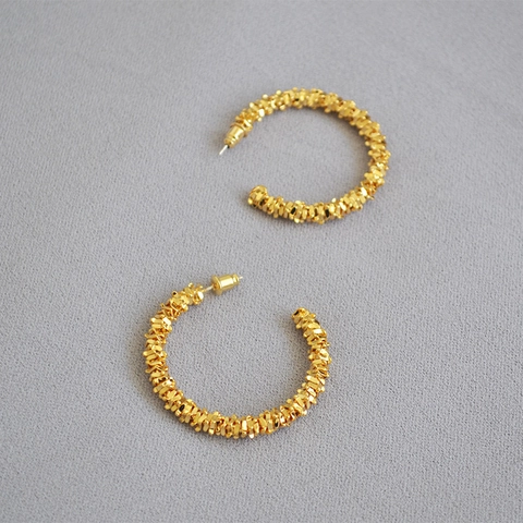 Pendientes de Aro Irregulares en Forma de C para Mujer Chapados en Oro Latón Texturizado Con Poste de Plata de Ley 925