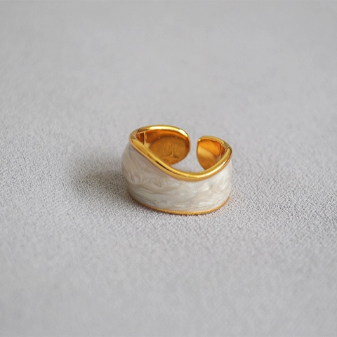 Anillo de Pan de Esmalte y Latón Irregular Vintage para Mujer Chapado en Oro Ancho Abierto Ajustable Joyería de Dedo Índice Crema Perlada