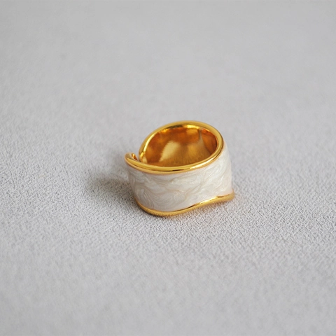 Anillo de Pan de Esmalte y Latón Irregular Vintage para Mujer Chapado en Oro Ancho Abierto Ajustable Joyería de Dedo Índice Crema Perlada
