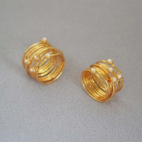 Anello in Rame Multistrato Vintage Francese con Texture Martellata Filo Avvolto a Mano Strass Perla Artificiale Anello a Nido d'Uccello Donna