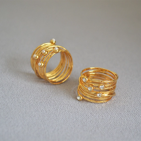 Anello in Rame Multistrato Vintage Francese con Texture Martellata Filo Avvolto a Mano Strass Perla Artificiale Anello a Nido d'Uccello Donna