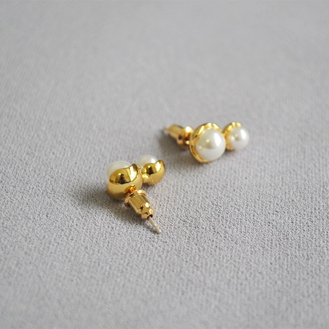 Elegant Brass Peanut Shape Double Artificial Pearl Stud Earrings With 925 Sterling Silver Post For Women Daily Fashion Jewelry