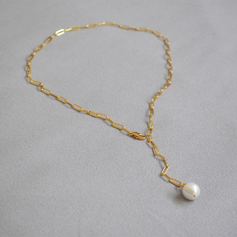 Collana a Catena a Graffetta in Rame Placcato Oro Con Pendente in Perla d'Acqua Dolce Gioielli a Forma di Y da Donna